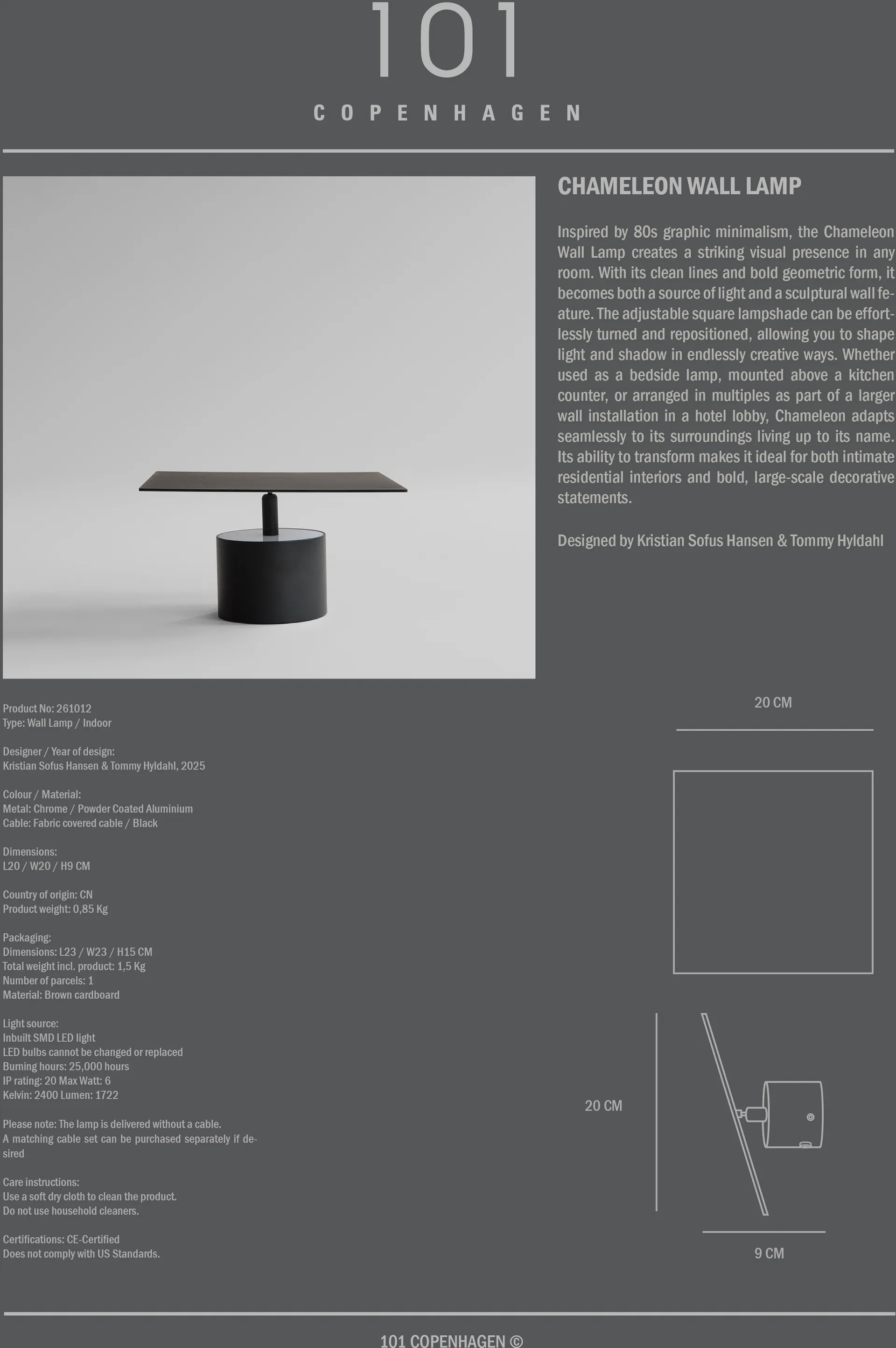 Chameleon επιτοίχιο φωτιστικό, Burned Black 101 Copenhagen