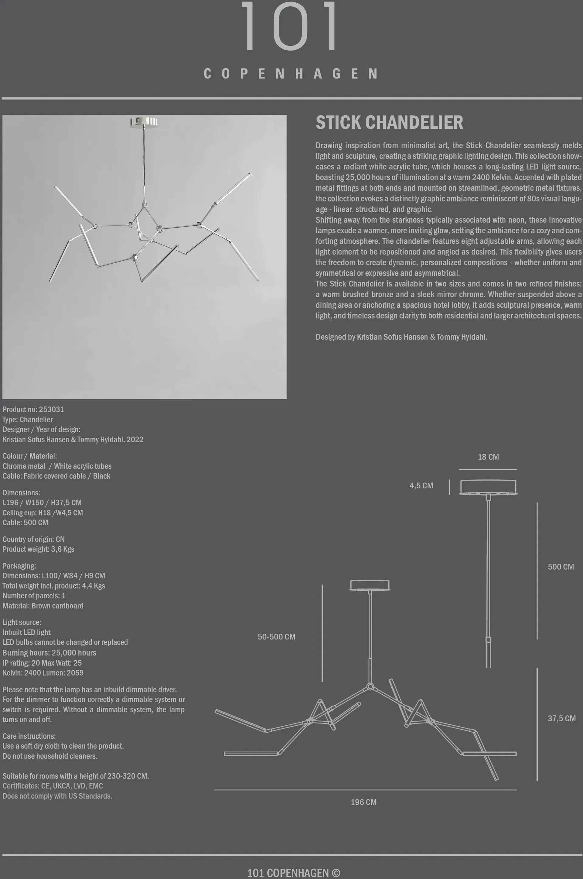 Stick chandelier πολυέλαιος, Chrome 101 Copenhagen