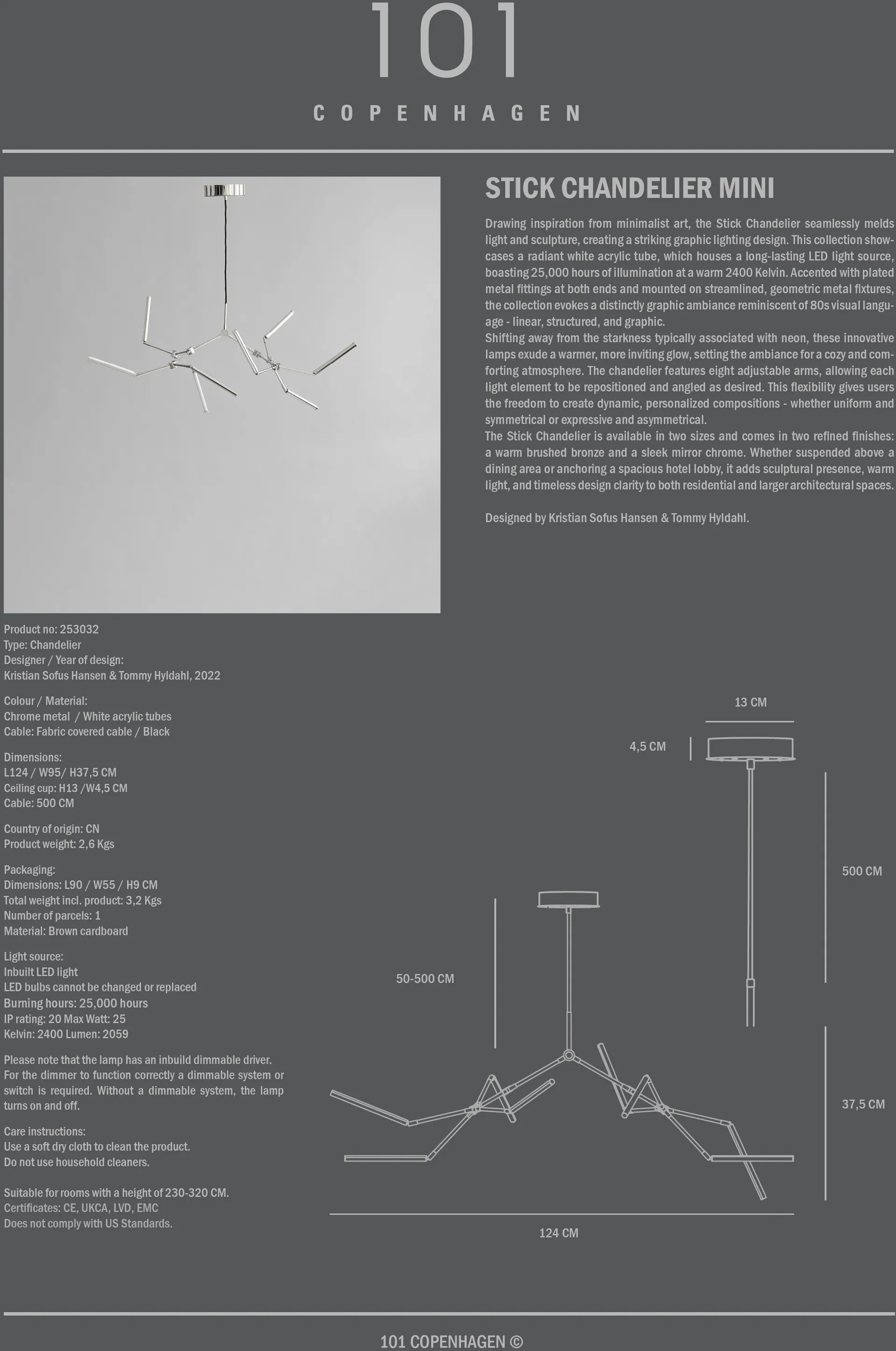 Κρεμαστό φωτιστικό οροφής Stick mini, Chrome 101 Copenhagen