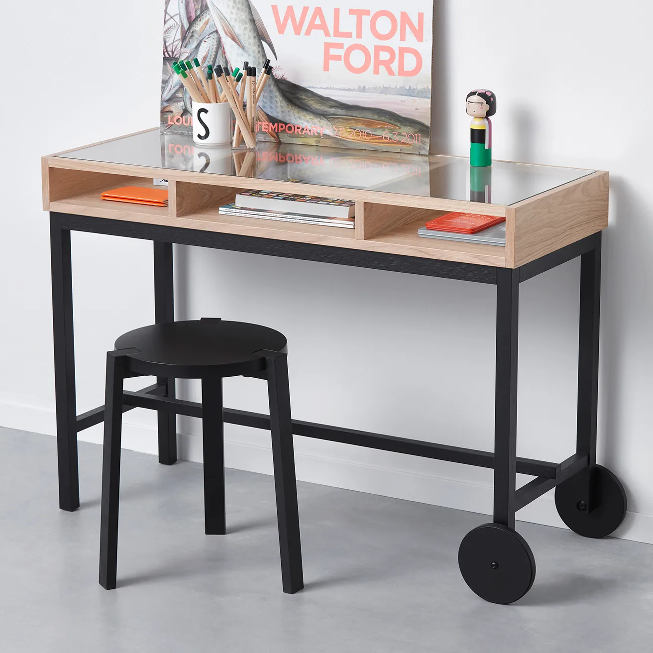 Μετακινούμενο γραφείο με ρόδες, Λευκή λακαρισμένη δρυς-μαύρη A2