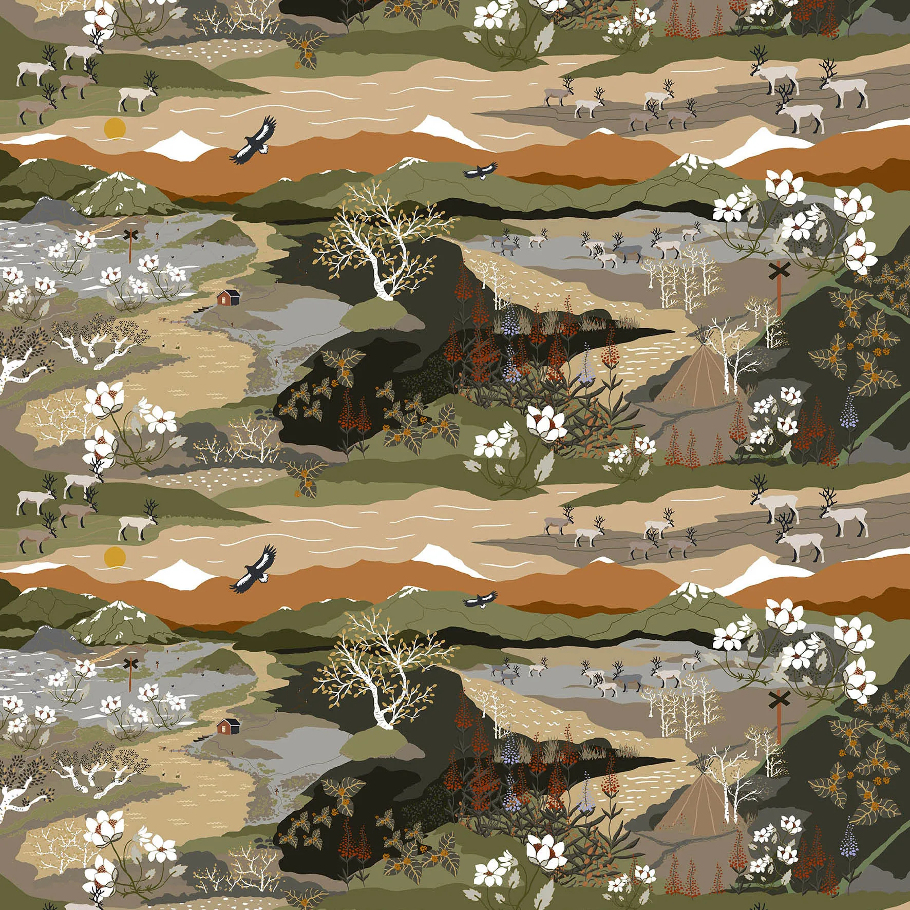 Fjällvandring ύφασμα, πράσινο-σκουριά Arvidssons Textil