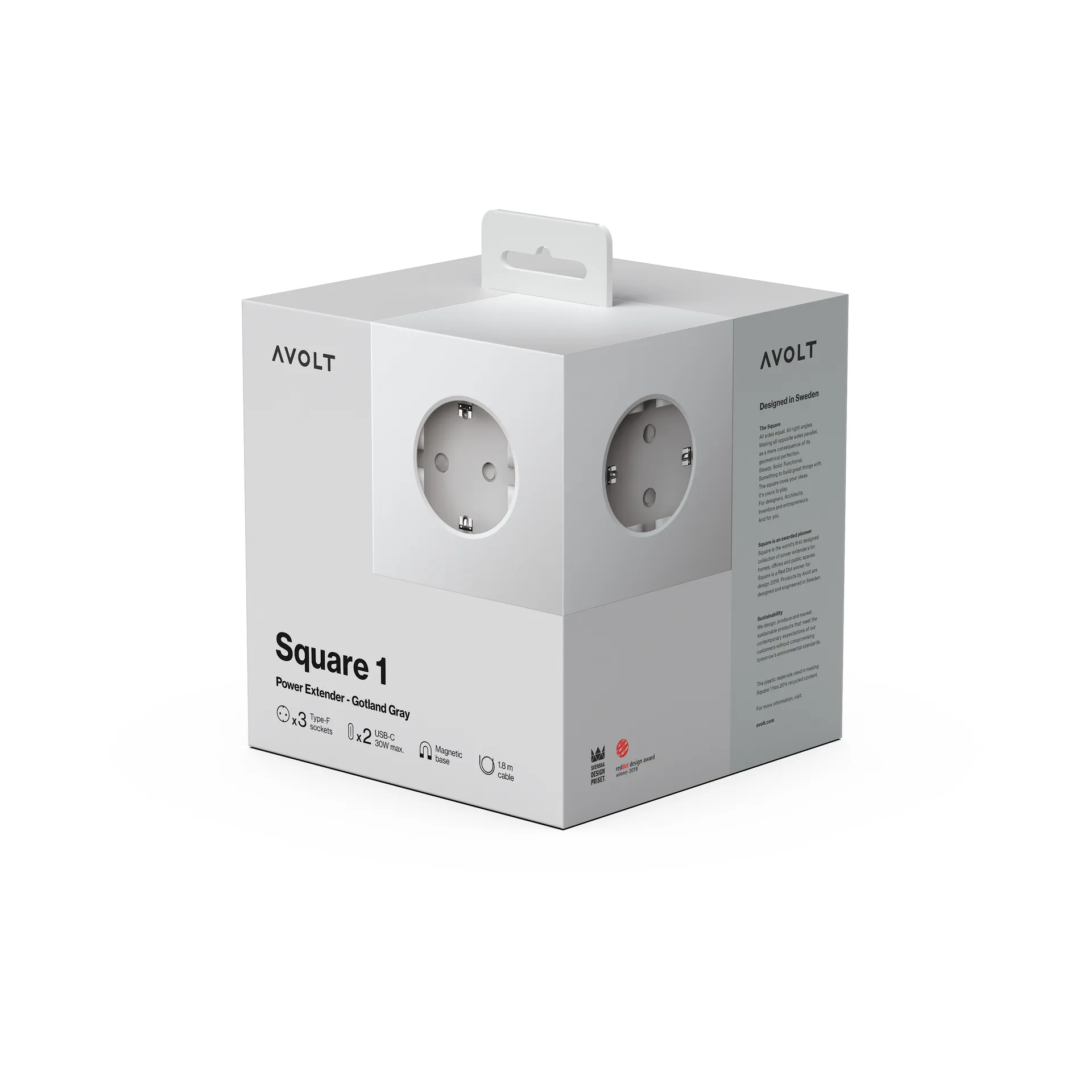 Square 1 πολύπριζο USB-C 30W 3 μ, Gotland Gray Avolt