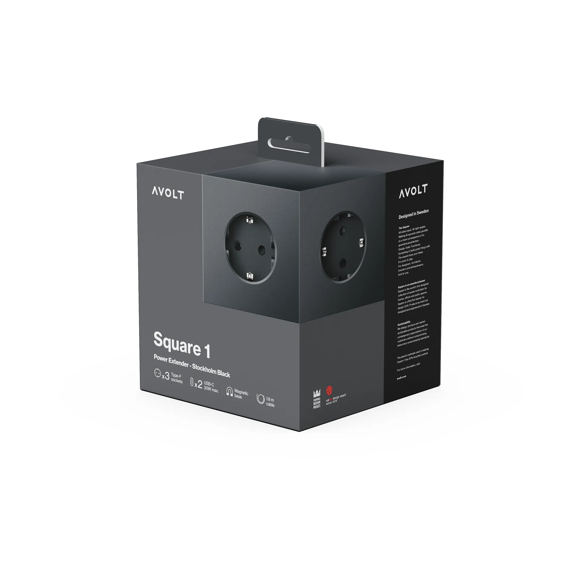 Square 1 πολύπριζο USB-C 30W 3 μ, Stockholm Black Avolt