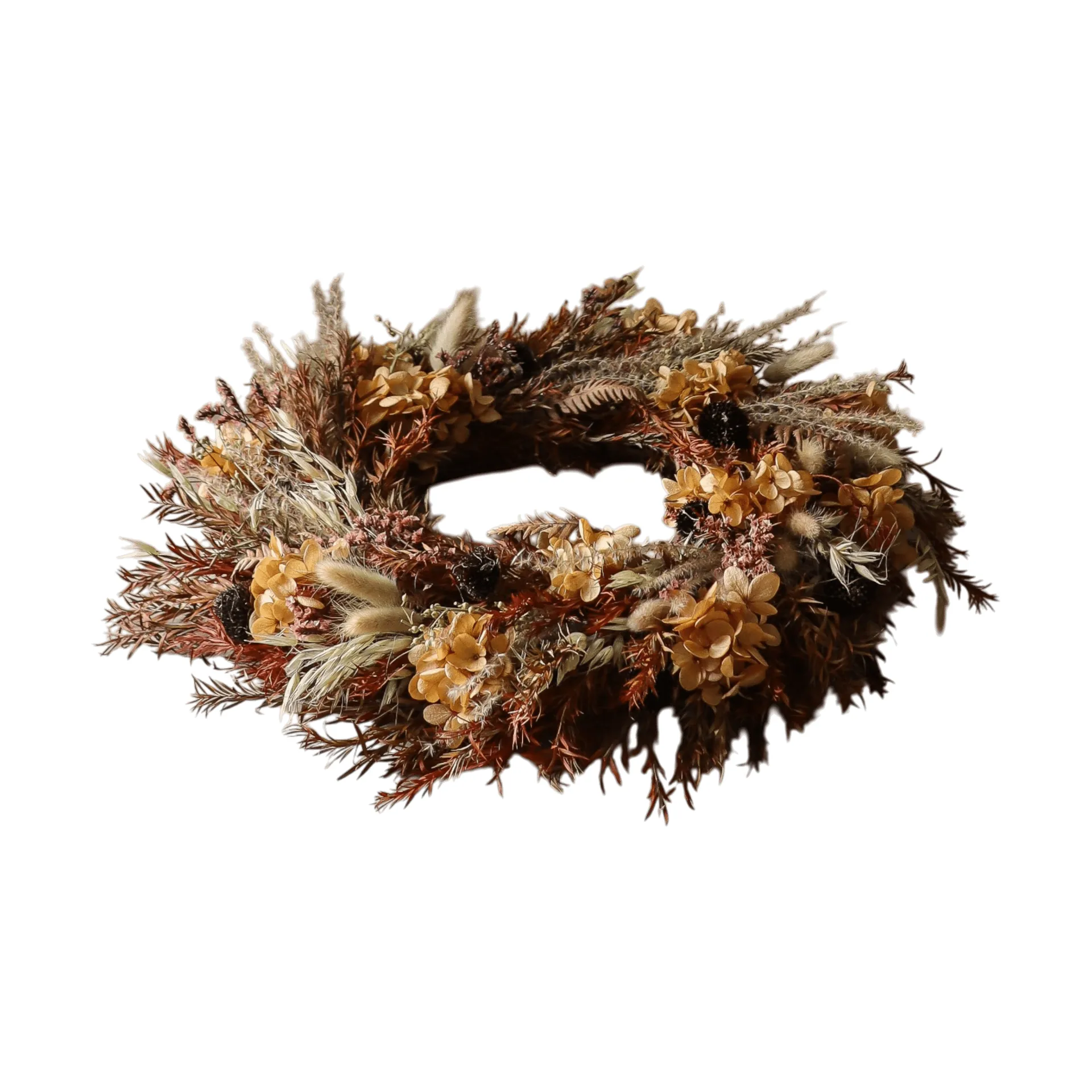 Golden Meadow Wreath στεφάνι, Ορτανσία-αποξηραμένο γρασίδι-φτέρη-haröron, Ø40 εκ. Botané