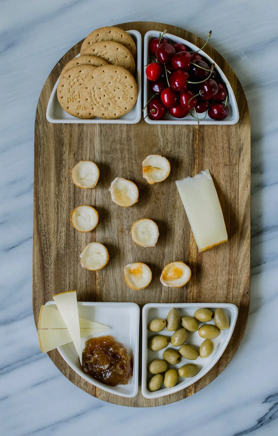 Σεβίν σερβιρίσματος δίσκος + μπολ 5 τεμάχια, Ακακία-λευκή πορσελάνη Dorre