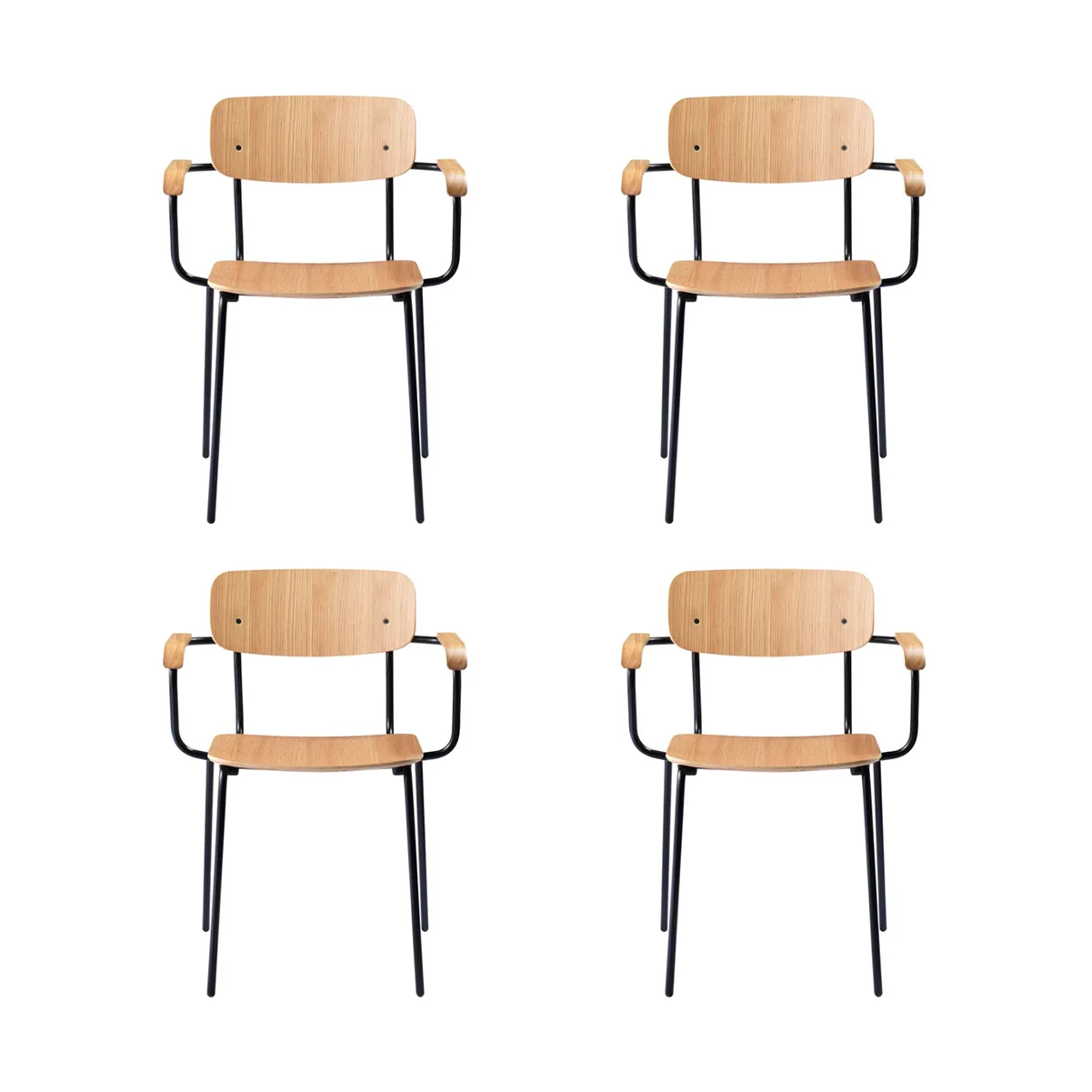 J183 Holmen κάθισμα με μπράτσα 4-pack, Oak veneer-black legs FDB Møbler