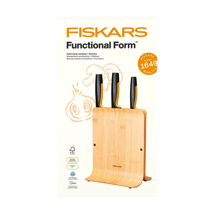 Functional Form σετ μαχαιριών με μπλοκ μαχαιριών - Μπαμπού, 4 τεμάχια - Fiskars