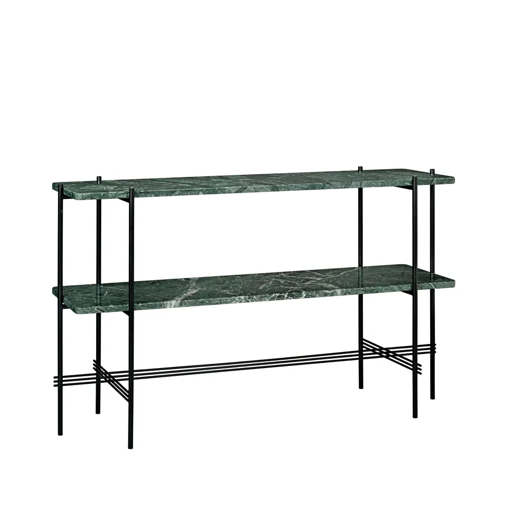 TS Console table 120x30x72 cm, Πράσινο μάρμαρο Γουατεμάλας, μαύρα πόδια, 2 μαρμάρινα ράφια GUBI
