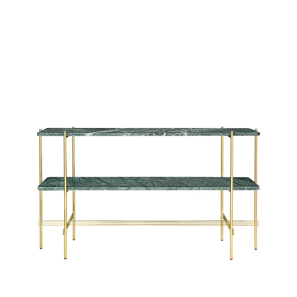 TS Console table 120x30x72 cm, πράσινο μάρμαρο Γουατεμάλας, ορείχαλκη βάση, 2 ράφια από μάρμαρο GUBI