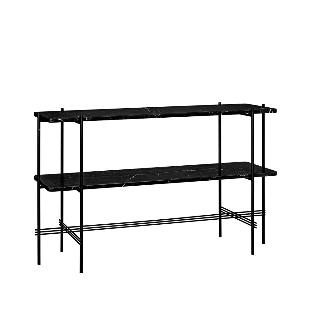 TS Console table 120x30x72 cm, Μαύρο μάρμαρο μαρκίνας, μαύρα πόδια, 2 μαρμάρινα ράφια GUBI