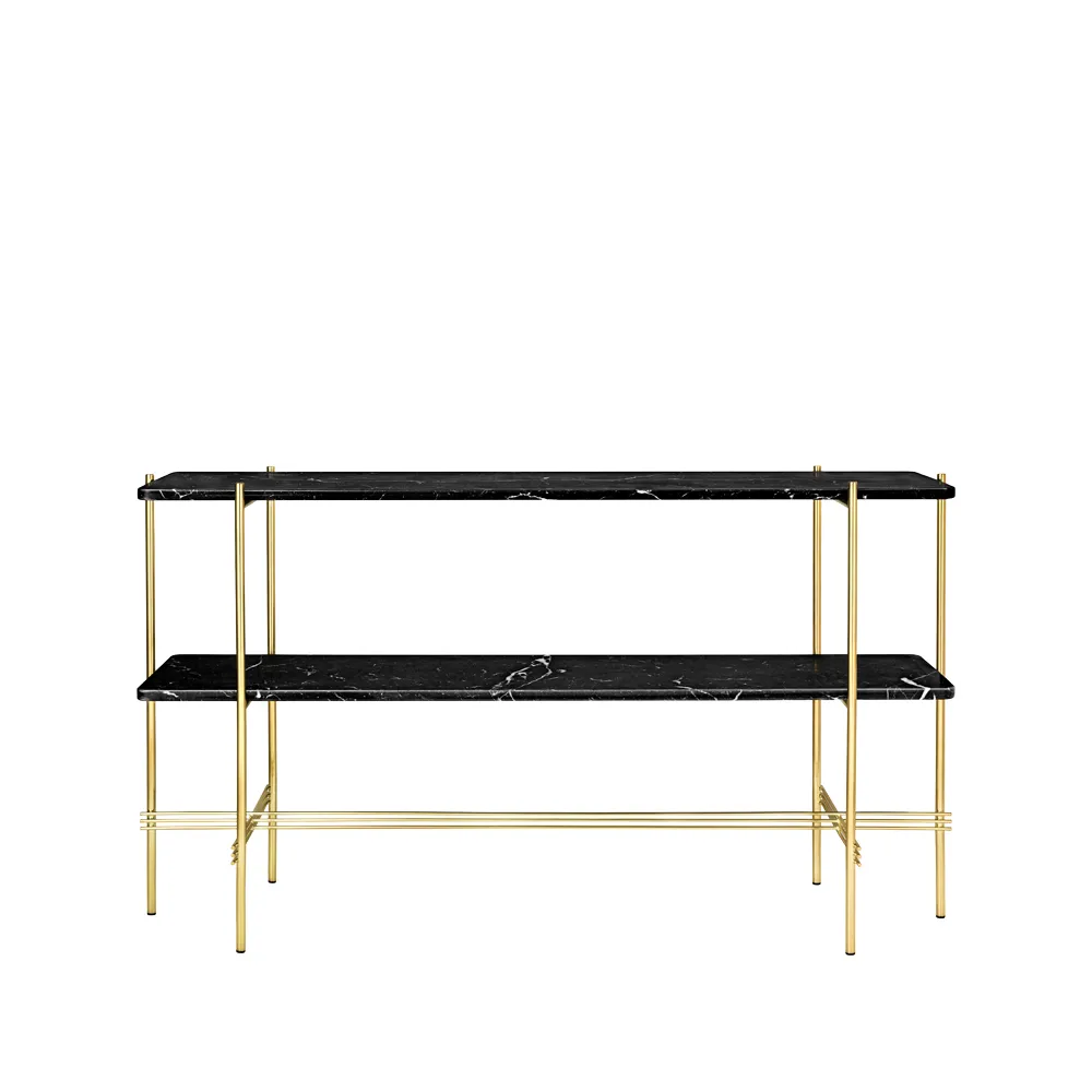 TS Console table 120x30x72 cm, μάρμαρο black marquina, ορείχαλκη βάση, 2 μαρμάρινα ράφια GUBI