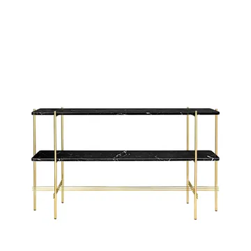 TS Console table 120x30x72 cm - μάρμαρο black marquina, ορείχαλκη βάση, 2 μαρμάρινα ράφια - GUBI