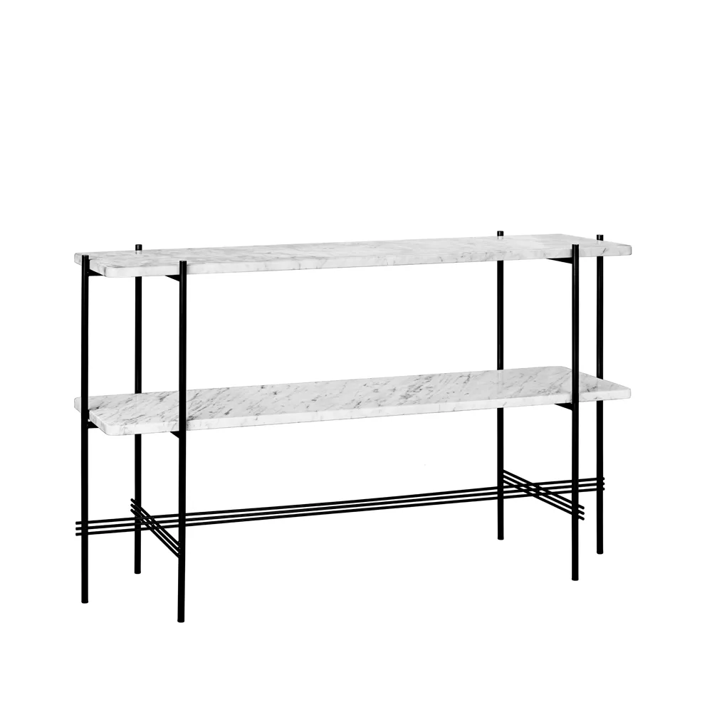 TS Console table 120x30x72 cm, λευκό μάρμαρο Carrara-μαύρη βάση-2 ράφια μαρμάρου GUBI