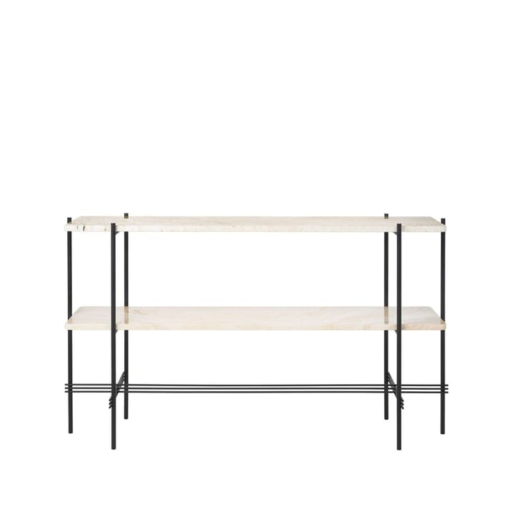 TS Console table 120x30x72 cm - Natural white τραβερτίνη, μαύρη βάση, 2 μαρμάρινα ράφια - GUBI