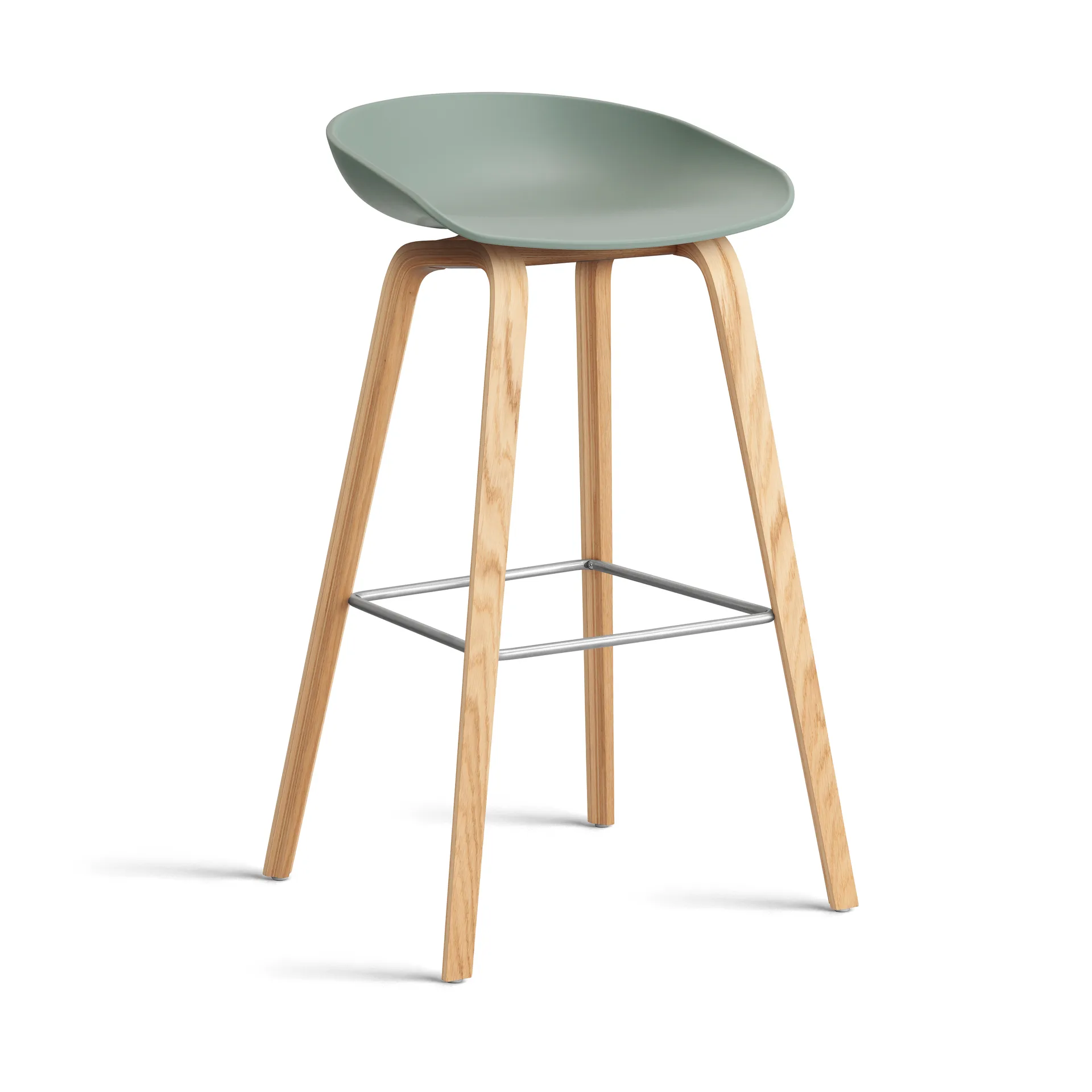 About a Stool 32 High σκαμπό μπαρ με βαμμένη βάση από δρυ 2.0, Fall green-ανοξείδωτο ατσάλι στήριγμα HAY