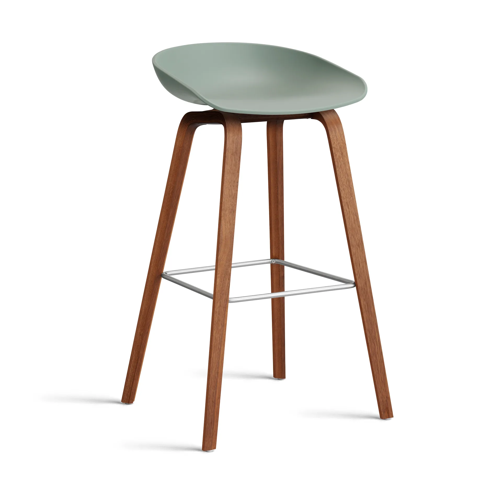 About a Stool 32 High σκαμπό μπαρ με βάση από καρυδιά 2.0, Fall green-ανοξείδωτο ατσάλι στήριγμα HAY