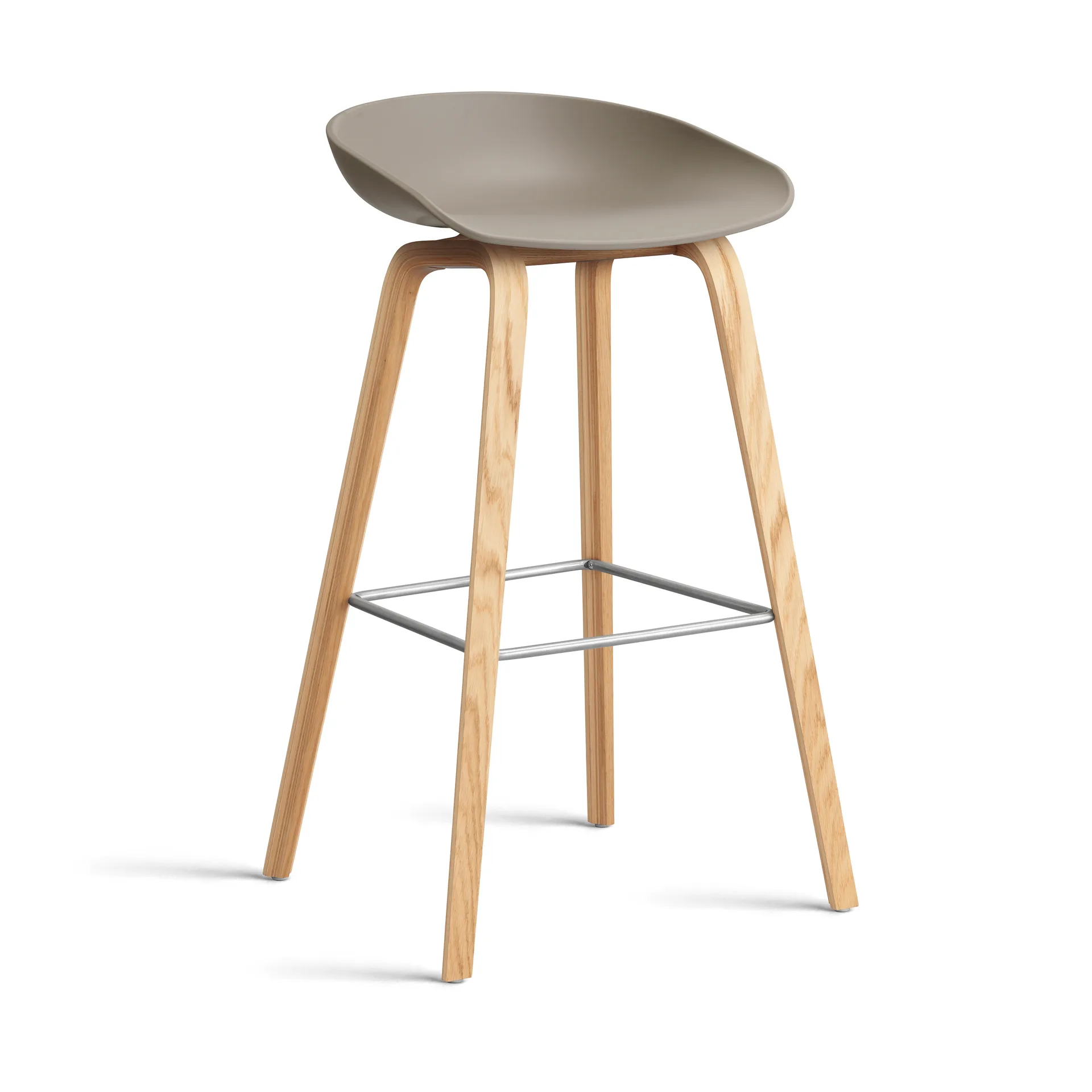 About a Stool 32 High σκαμπό μπαρ με βαμμένη βάση από δρυ 2.0, Khaki-ανοξείδωτο ατσάλι στήριγμα HAY