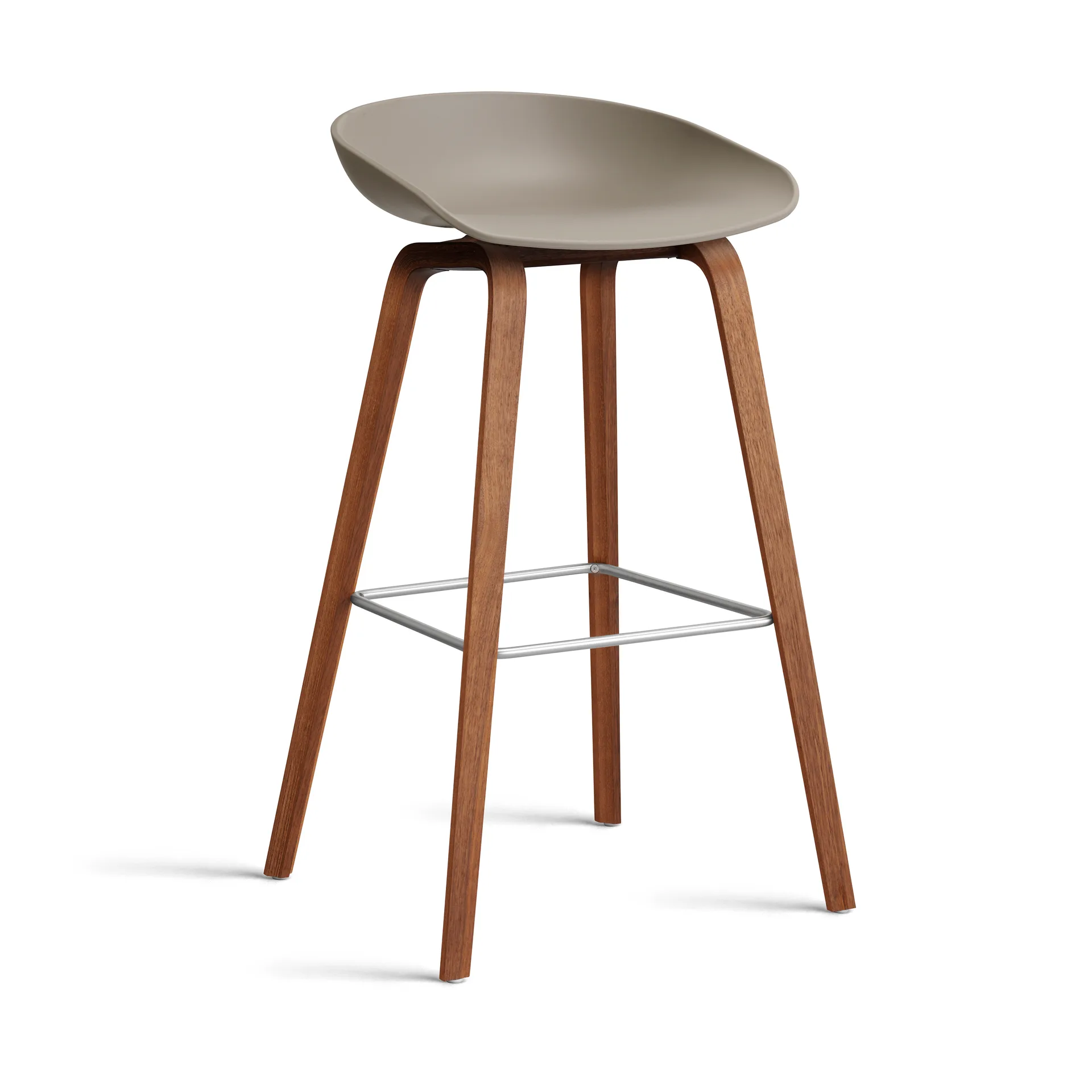 About a Stool 32 High σκαμπό μπαρ με βάση από καρυδιά 2.0, Khaki-ανοξείδωτος χαλύβδινος σκελετός HAY