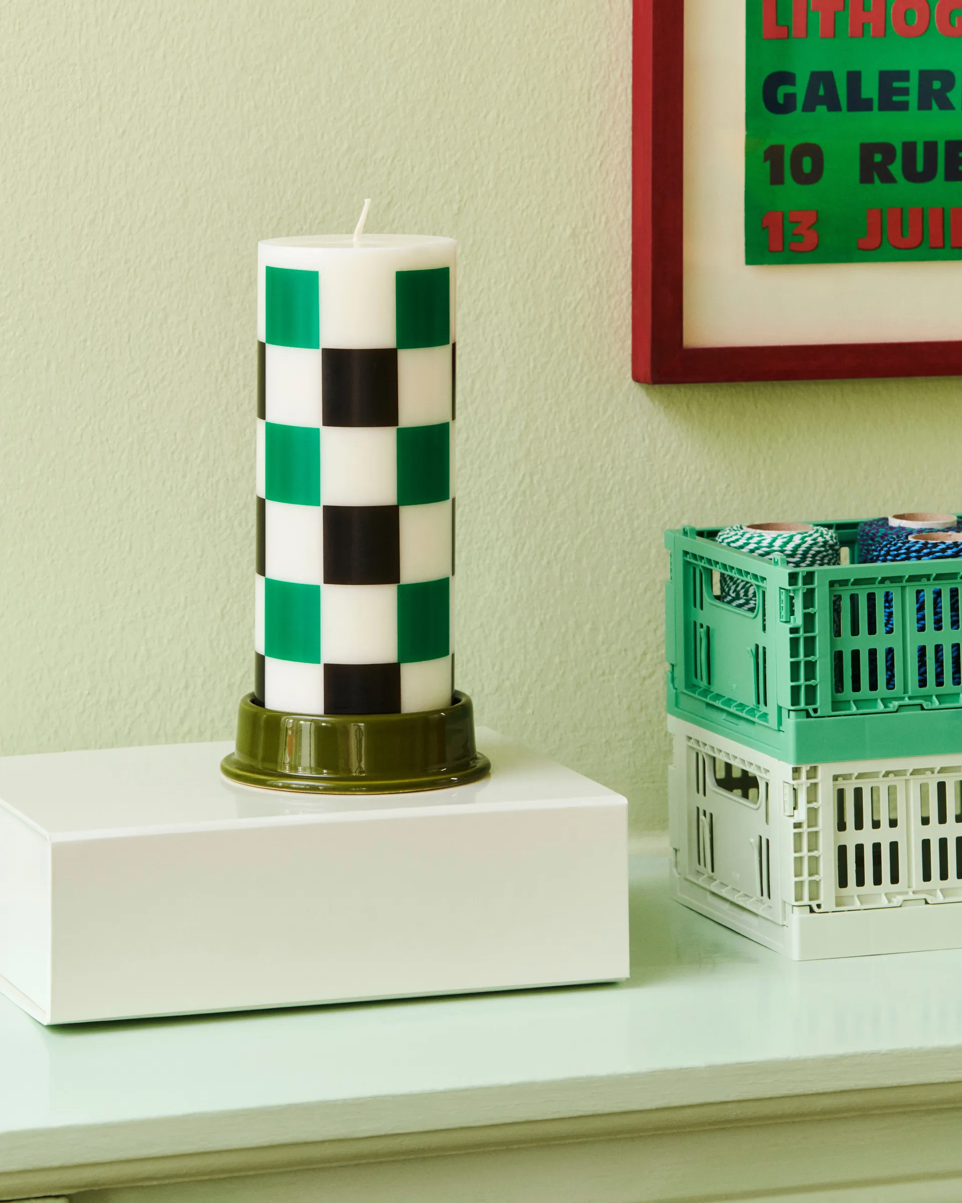 Κερί Column Candle large 25 cm, Off white-green-black check HAY