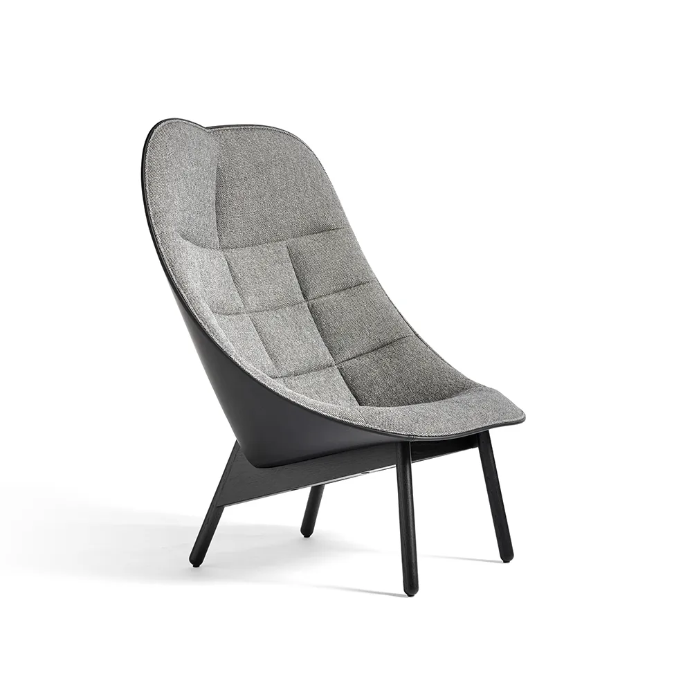 Uchiwa Quilt πολυθρόνα lounge, 307-201 grey-μαύρη δρυς-μαύρο δέρμα HAY
