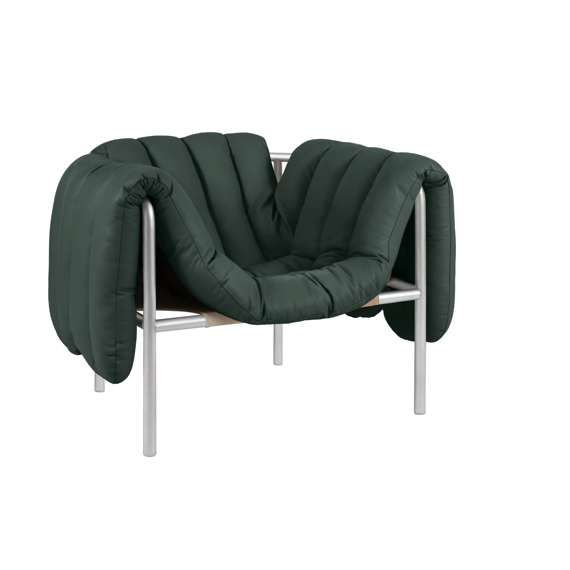 Puffy lounge πολυθρόνα, Dark green leather-Ανοξείδωτο ατσάλι Hem
