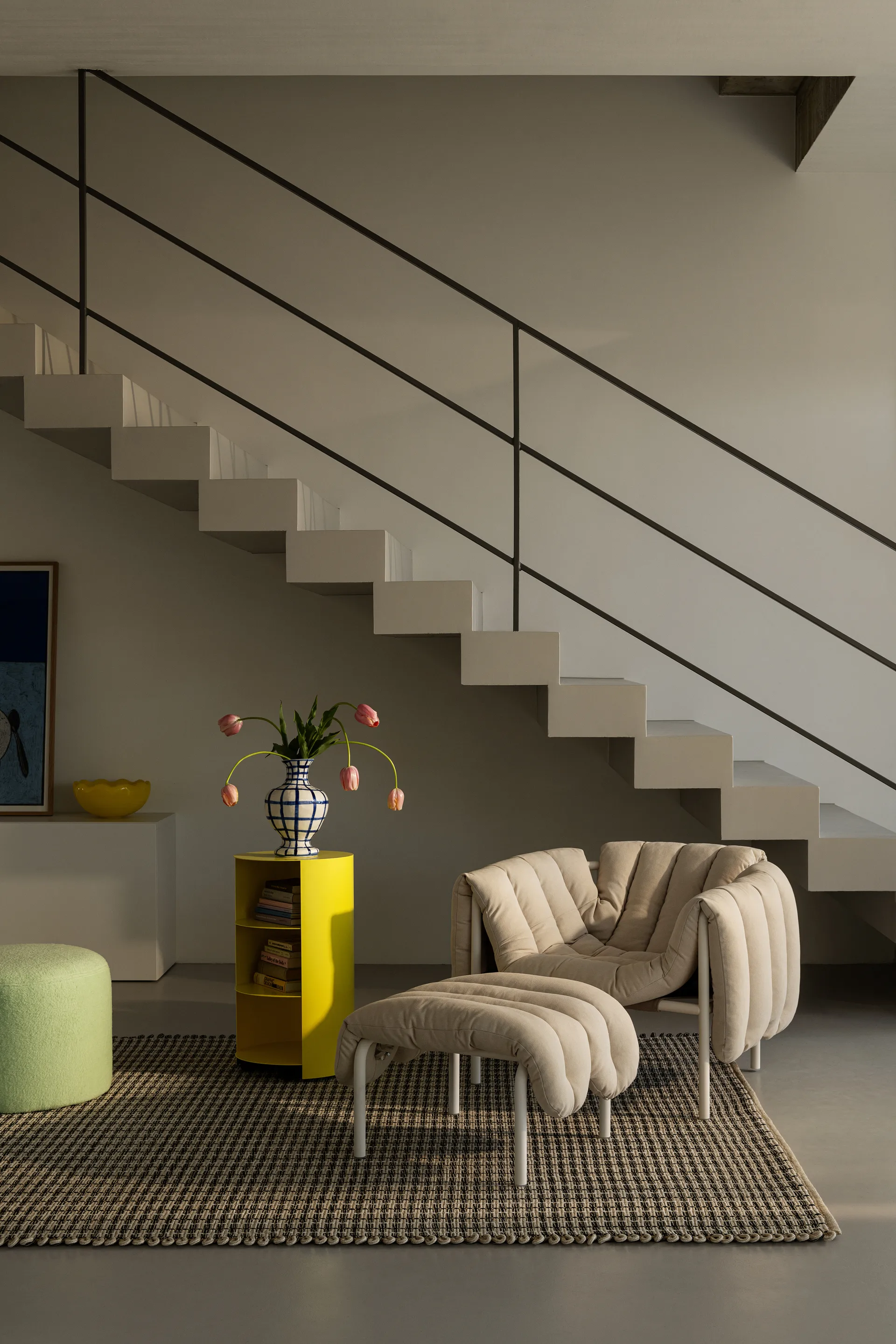 Puffy lounge πολυθρόνα + υποπόδιο, Sawdust-Ανοξείδωτο ατσάλι Hem