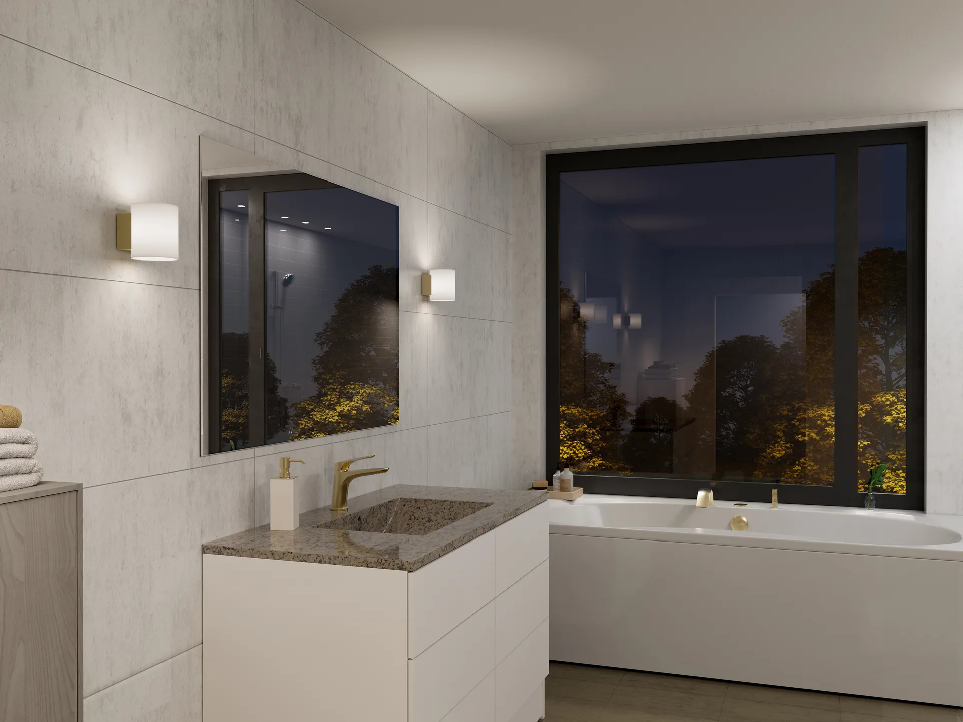 Evoke φωτιστικό τοίχου μικρό, Satin brass-οπαλίνα γυαλί Herstal