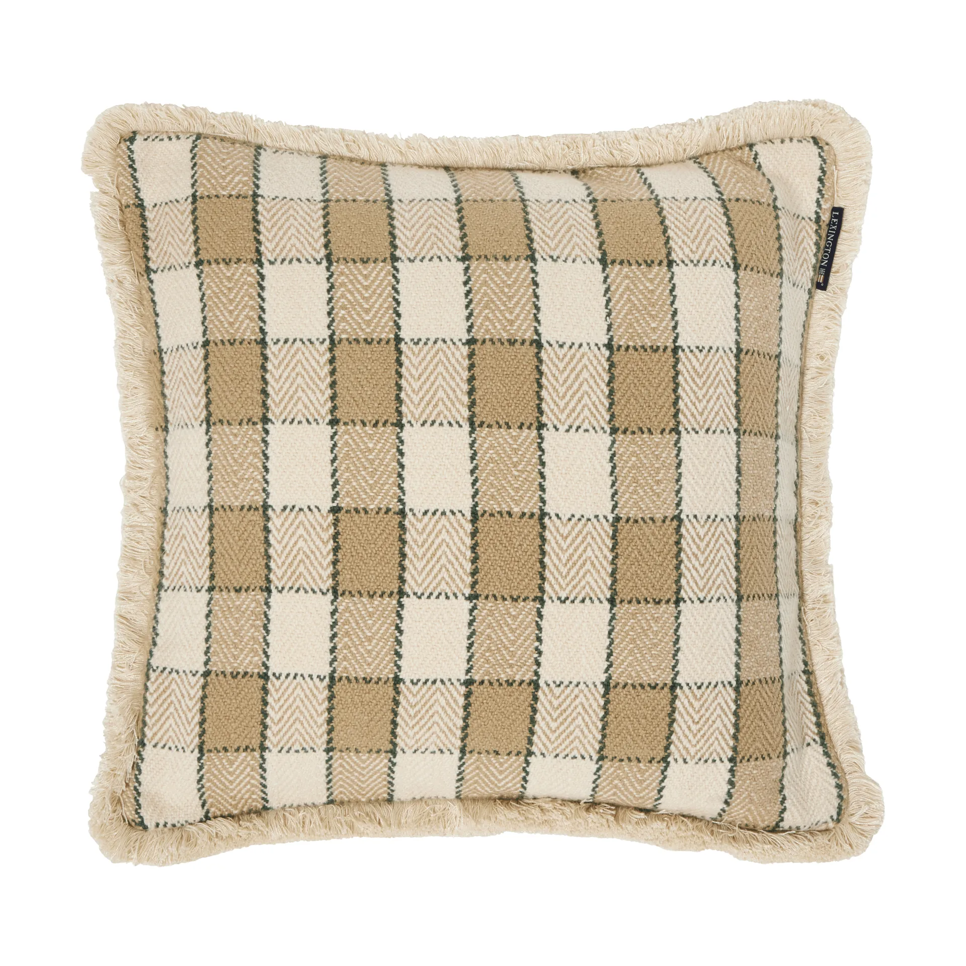 Checked organic cotton fringe μαξιλαροθήκη, Μπεζ-ανοιχτό μπεζ-πράσινο Lexington