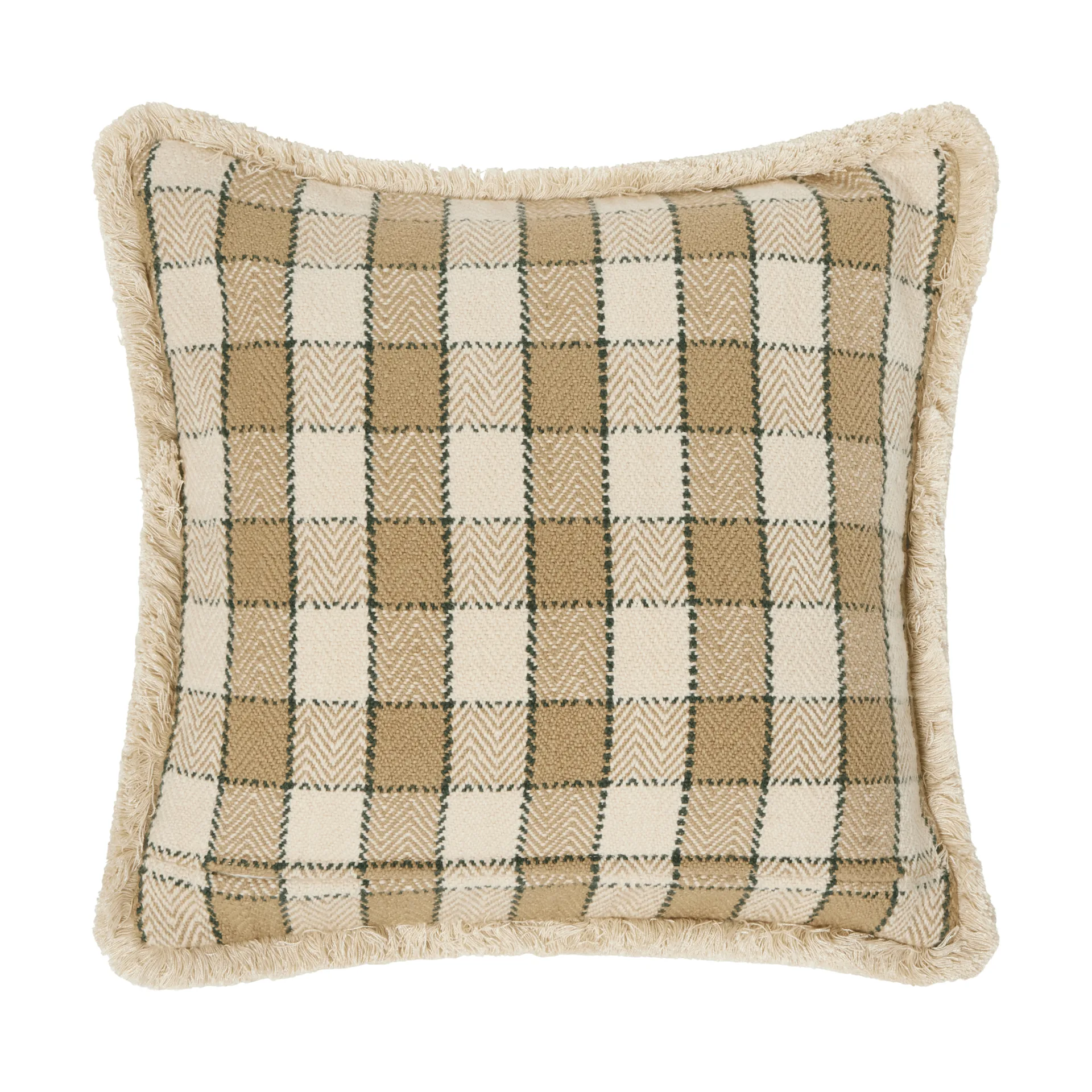 Checked organic cotton fringe μαξιλαροθήκη, Μπεζ-ανοιχτό μπεζ-πράσινο Lexington