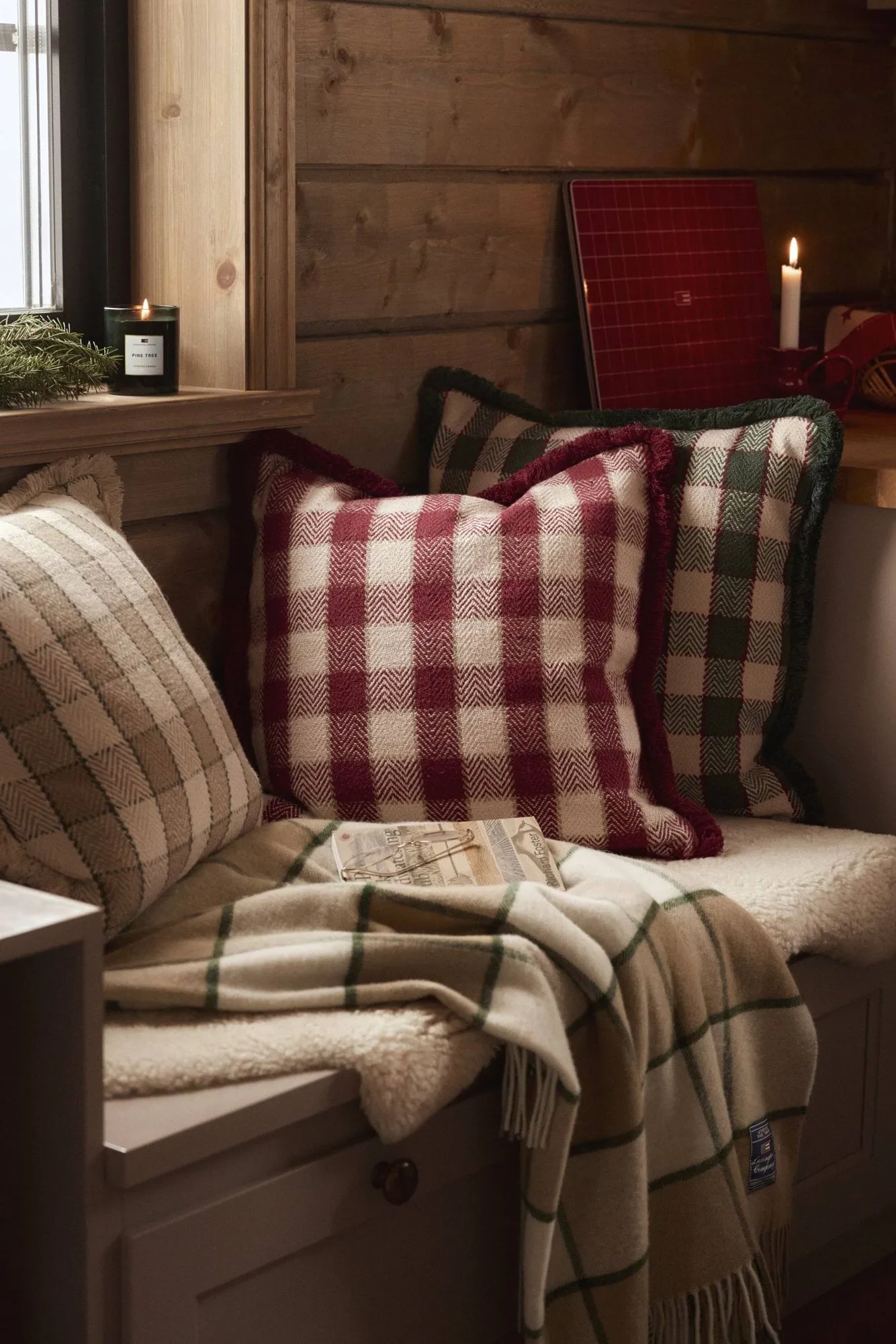 Checked organic cotton fringe μαξιλαροθήκη, Κόκκινο-ανοιχτό μπεζ-μπεζ Lexington