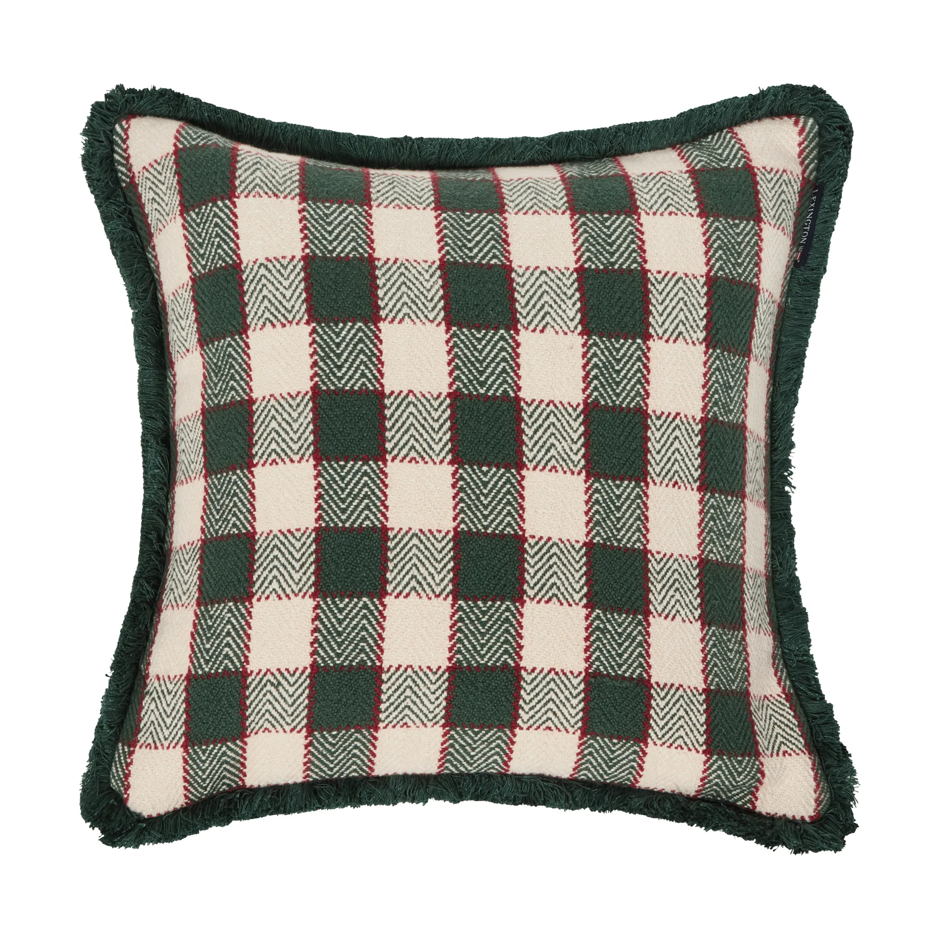 Checked organic cotton fringe μαξιλαροθήκη, Πράσινο-ανοιχτό μπεζ-κόκκινο Lexington