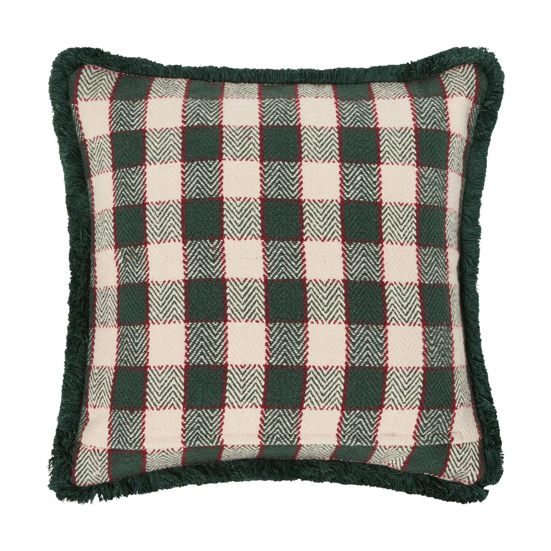 Checked organic cotton fringe μαξιλαροθήκη, Πράσινο-ανοιχτό μπεζ-κόκκινο Lexington