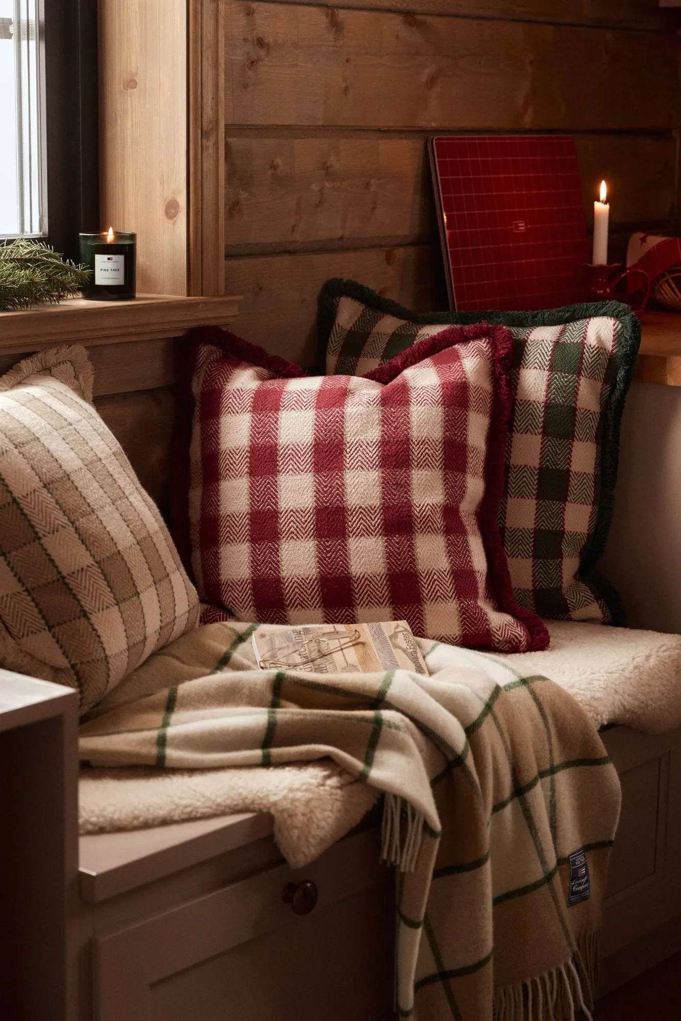 Checked organic cotton fringe μαξιλαροθήκη, Πράσινο-ανοιχτό μπεζ-κόκκινο Lexington