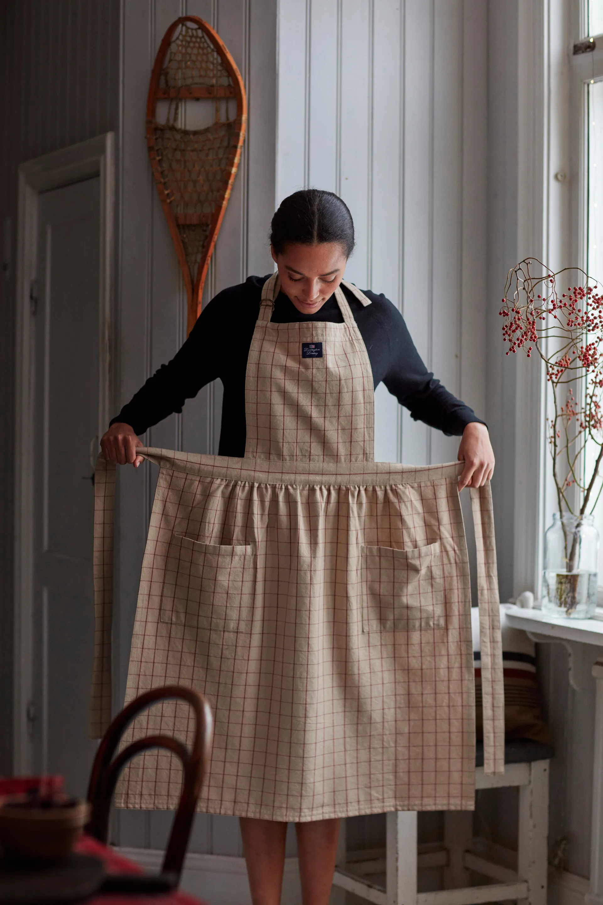 Checked Organic Cotton Oxford apron, μπεζ-κόκκινο Lexington