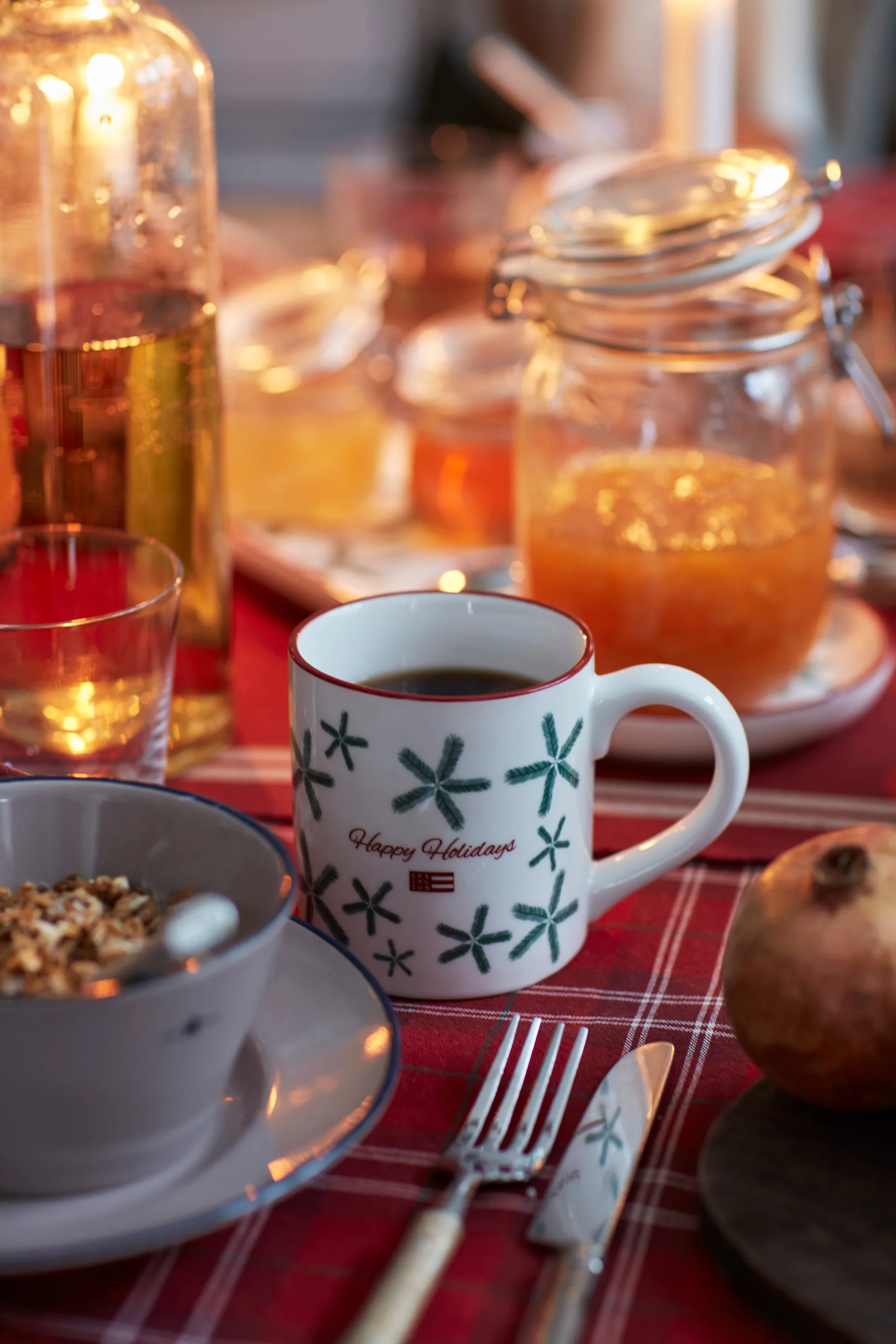 Checked Organic Cotton Oxford tablecloth 150x250 εκ, Κόκκινομπεζ-πράσινο Lexington