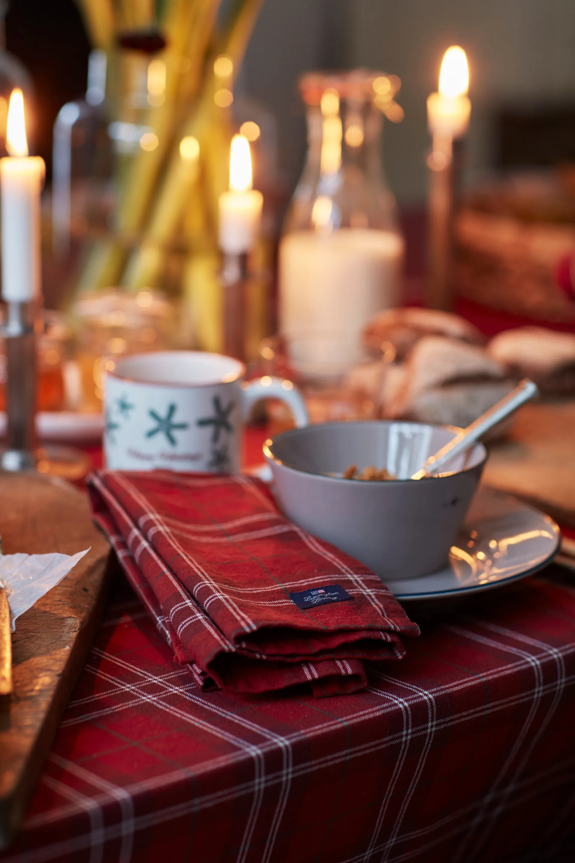 Checked Organic Cotton Oxford tablecloth 180x180 εκ, Κόκκινομπεζ-πράσινο Lexington