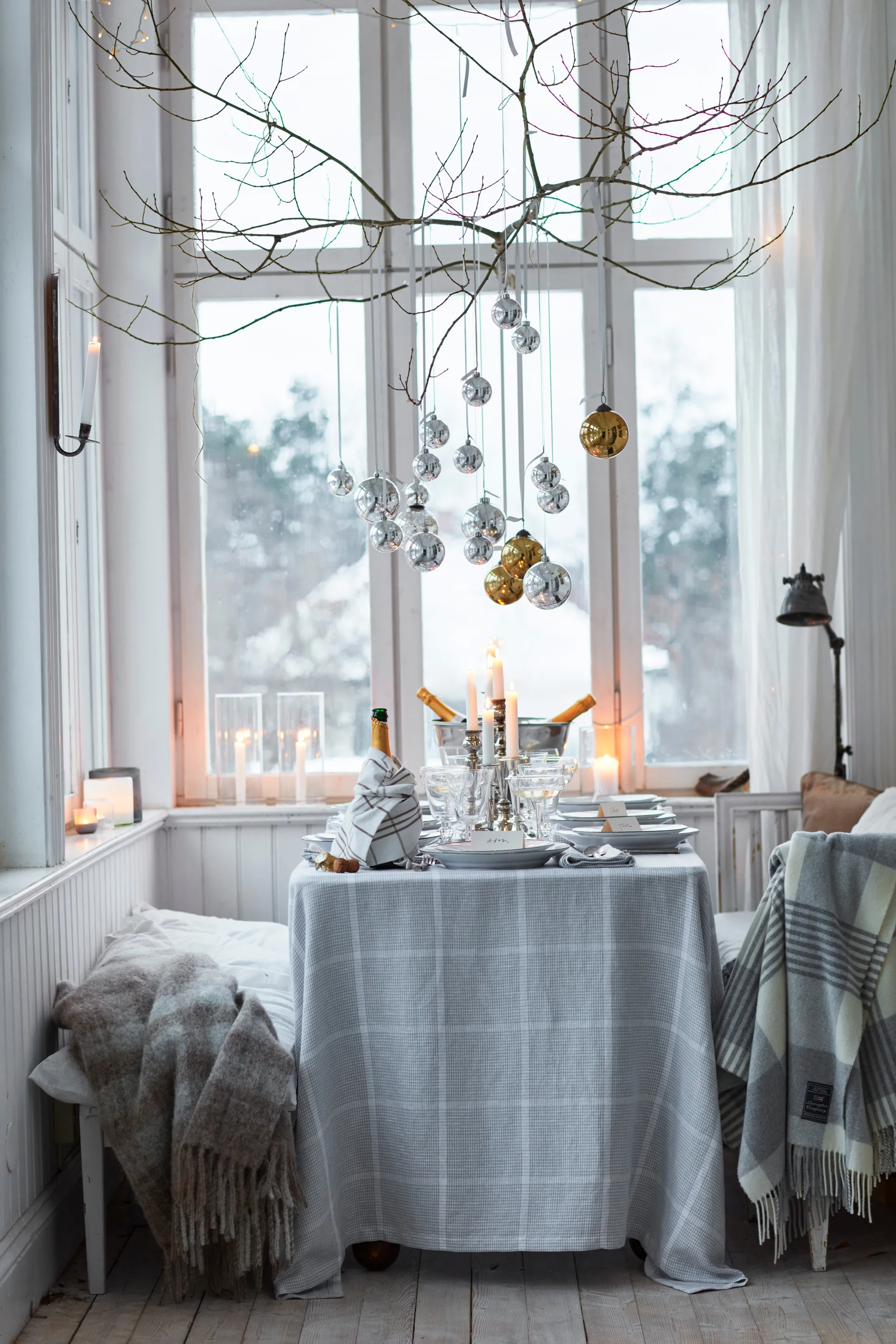 Pepita Check Cotton Linen tablecloth 150x350 εκ, Λευκό-ανοιχτό γκρι Lexington