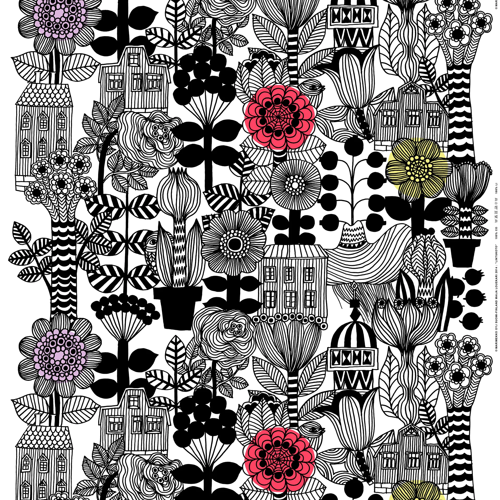 Lintukoto ύφασμα, λευκό-μαύρο-κίτρινο Marimekko
