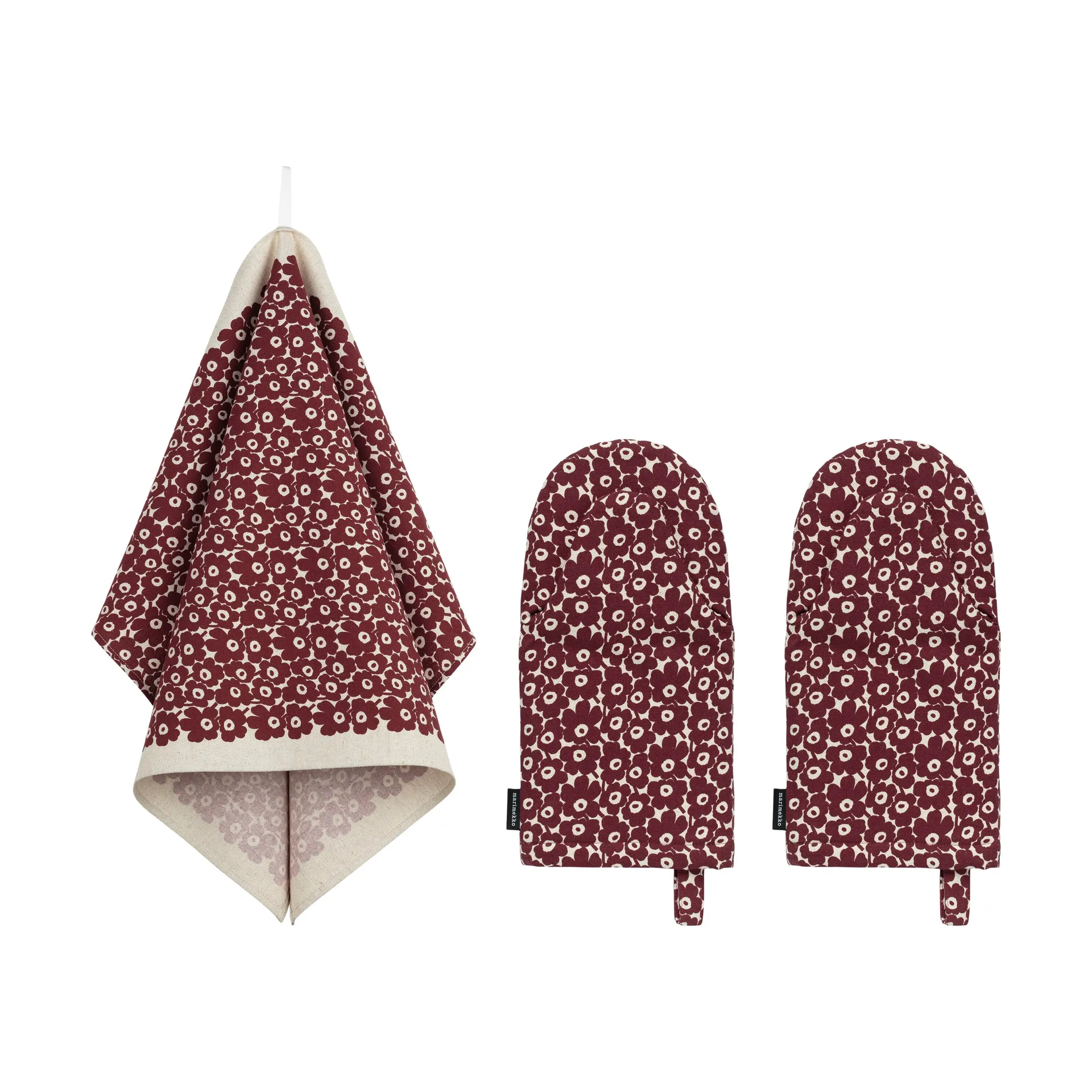 Pikkuinen Unikko σετ κουζίνας 3 τεμαχίων, Linen-burgundy Marimekko