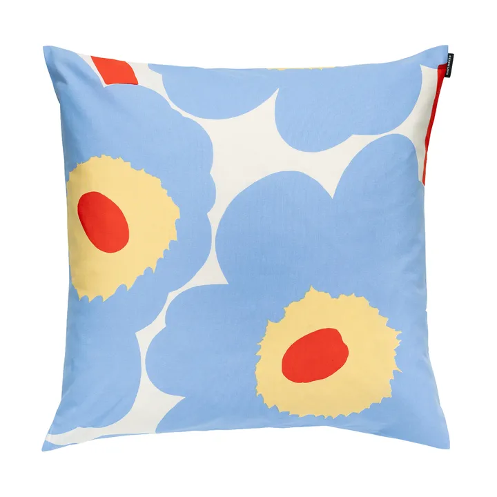 Unikko λινό ύφασμα - White-light blue-orange red-melon - Marimekko