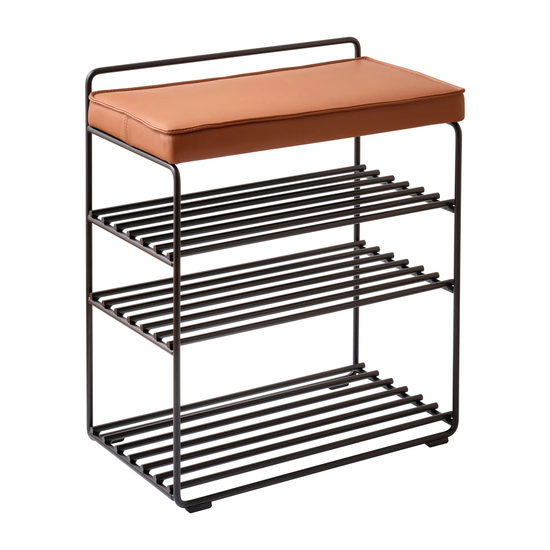 Ράφι-πάγκος, Lower East Seat, 50x28x58 εκ, Μαύρο-δέρμα κονιάκ Maze