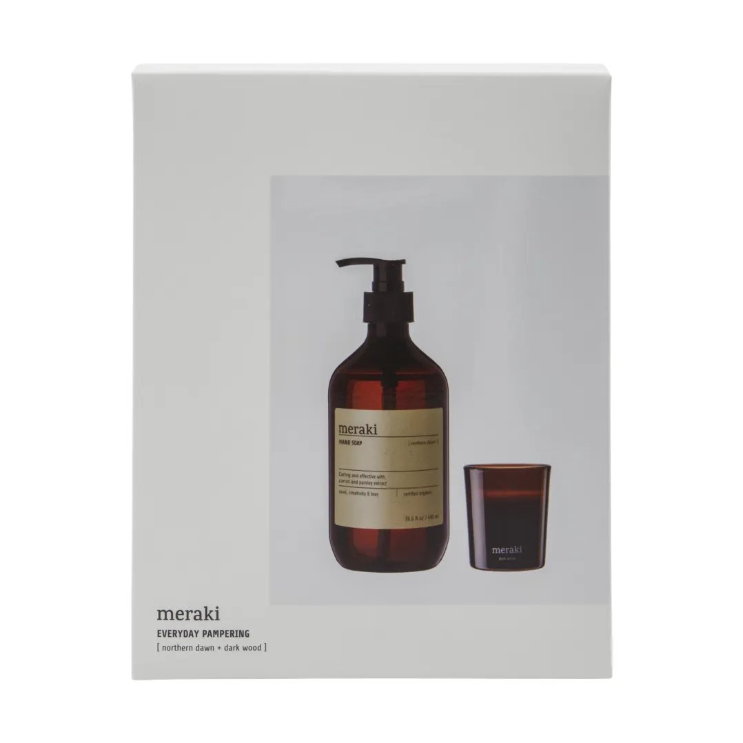 Σετ δώρου Meraki με υγρό σαπούνι χεριών και αρωματικό κερί, Northern dawn + dark wood Meraki