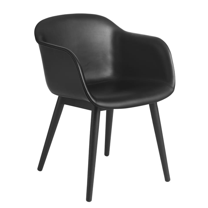Καρέκλα Fiber με μπράτσα και ξύλινα πόδια - Refine leather black-Μαύρο - Muuto