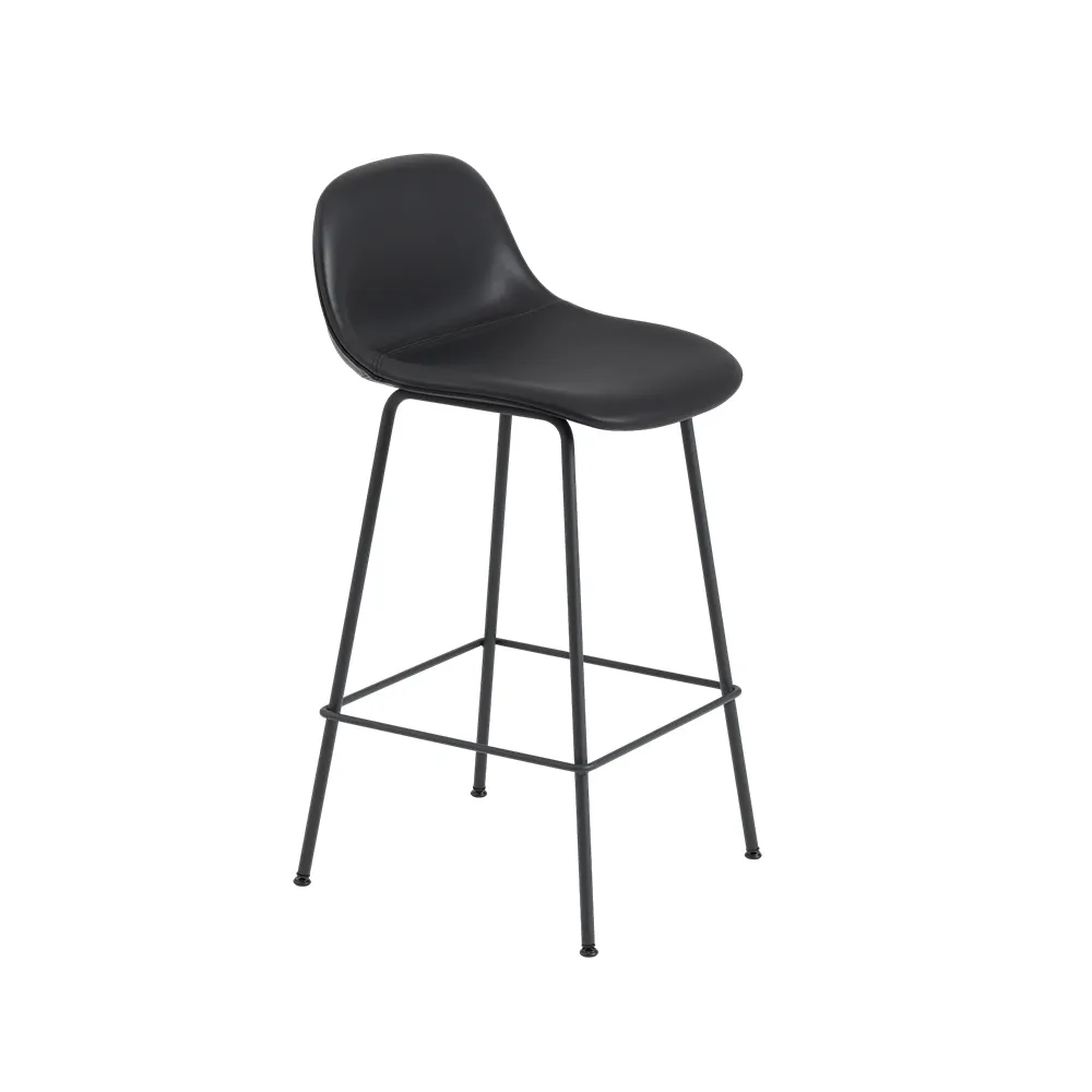 Fiber σκαμπό μπαρ με μεταλλικά πόδια, Refine leather black-Black Muuto