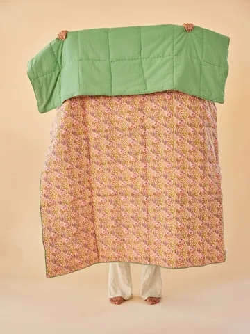 Rice Κουβέρτα από βαμβάκι με λουλούδια 140x200 εκ - Multi-green - RICE