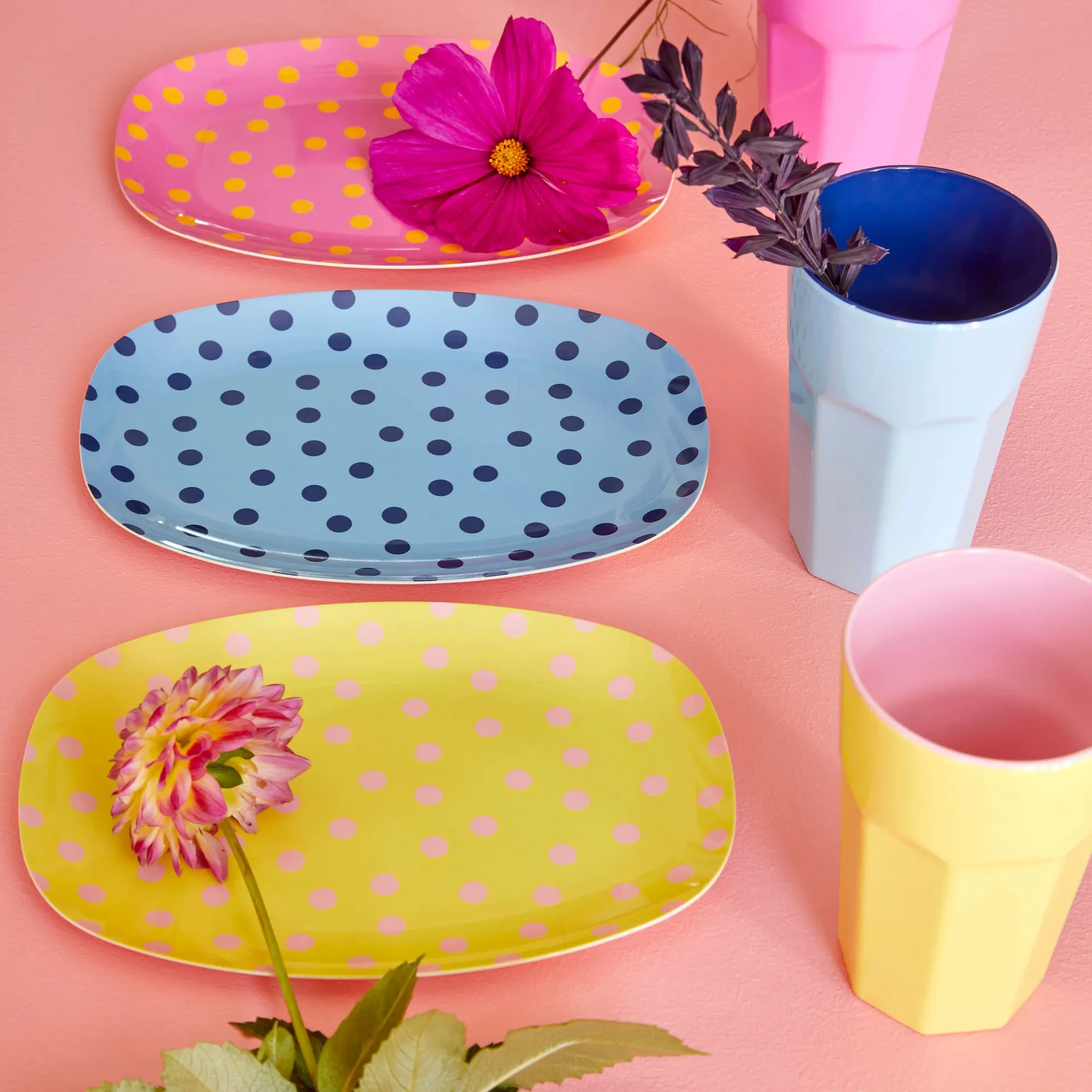 Rice πιάτο μελαμίνης 16,5x23 cm, Ροζ τελεία RICE