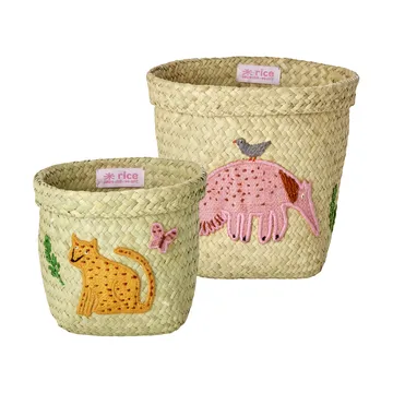 Καλάθι αποθήκευσης Rice raffia στρογγυλό 2 τεμάχια - Animal Embroidery-Pink-orange - RICE