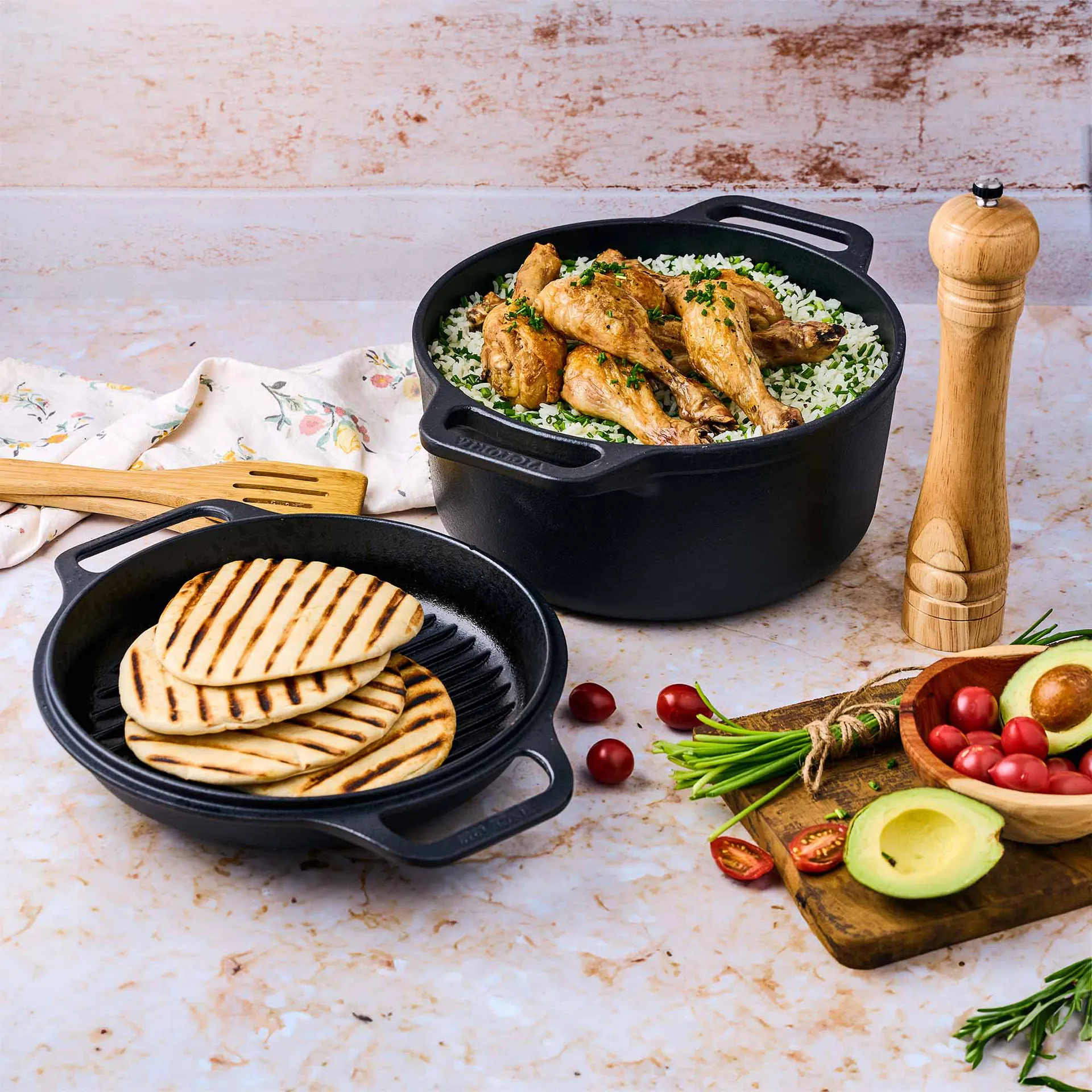 Σετ Combo Cooker χυτοσιδήρου κατσαρόλα-τηγάνι 2 τεμαχίων, Μάυρο Victoria