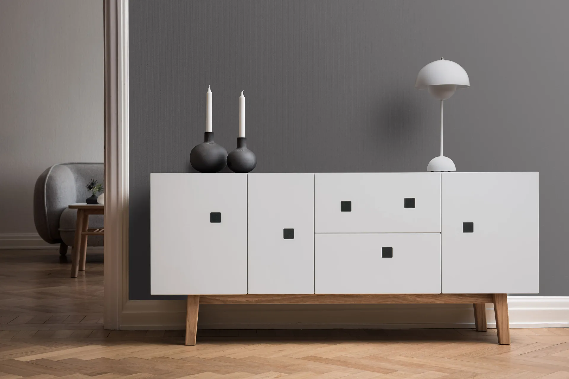 Έπιπλο τηλεόρασης, Peep M2, Λευκό. ρετρό, βάση από δρυ Zweed