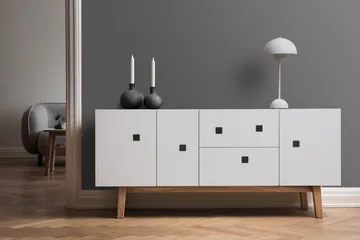 Έπιπλο τηλεόρασης, Peep M2 - Λευκό. ρετρό, βάση από δρυ - Zweed